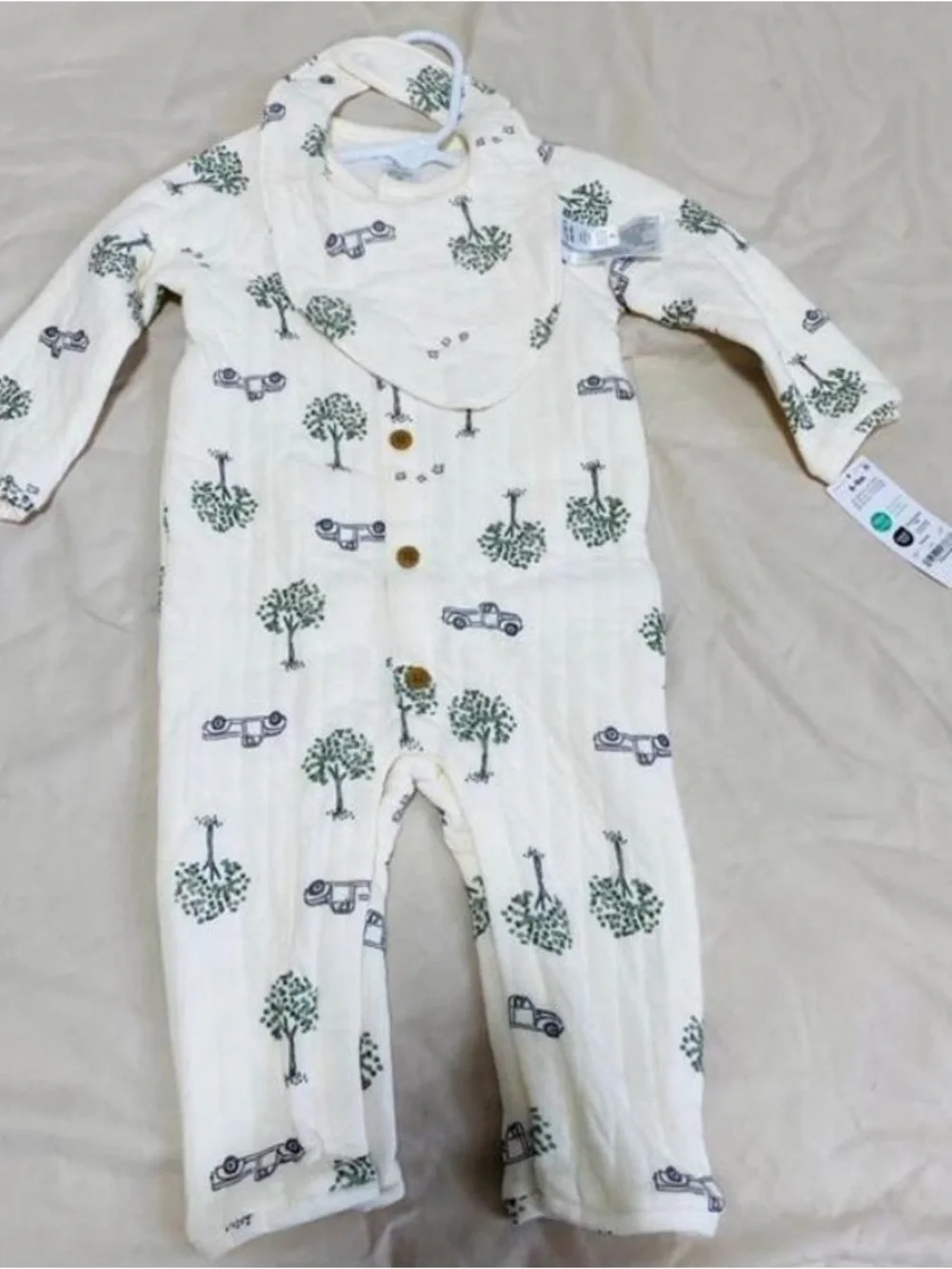 Carter's Cream Long-Sleeve One-Piece with Green Tree & Gray Car Print
